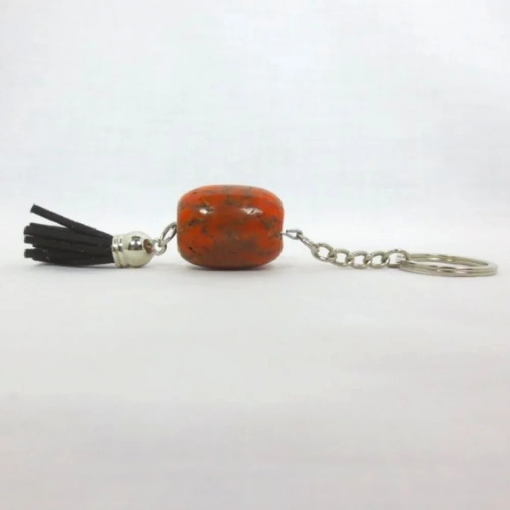 New Handcrafted Keychain Bag Charm Orange Beaded Boho Leather Tassel Swivel Clip